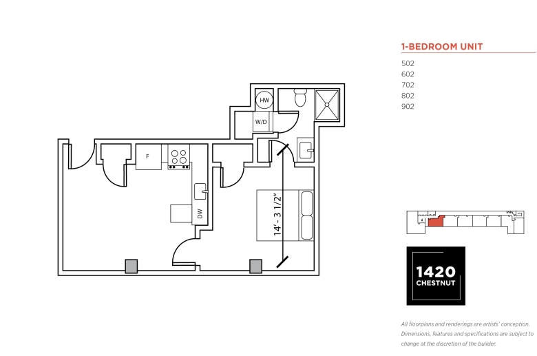 1-bedroom floorplan for 1420 Chestnut Street unit #502