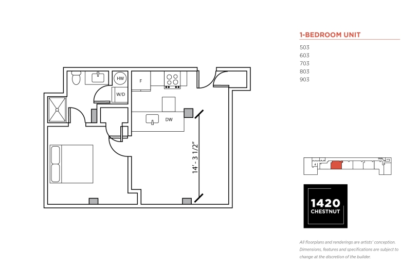 1-bedroom floorplan for 1420 Chestnut Street unit #503