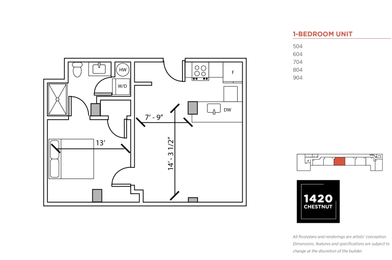 1-bedroom floorplan for 1420 Chestnut Street unit #504