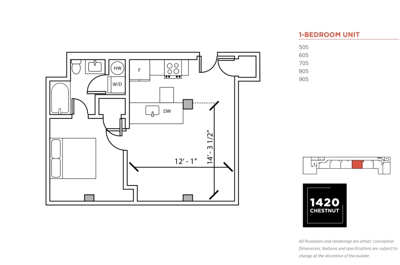 1-bedroom floorplan for 1420 Chestnut Street unit #505