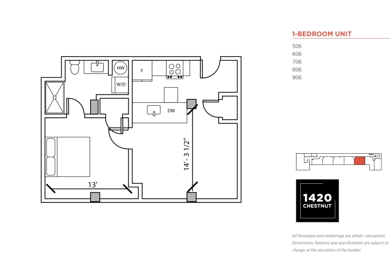 1-bedroom floorplan for 1420 Chestnut Street unit #506