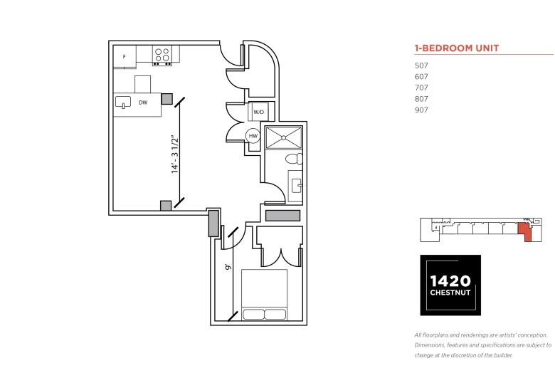 1-bedroom floorplan for 1420 Chestnut Street unit #507