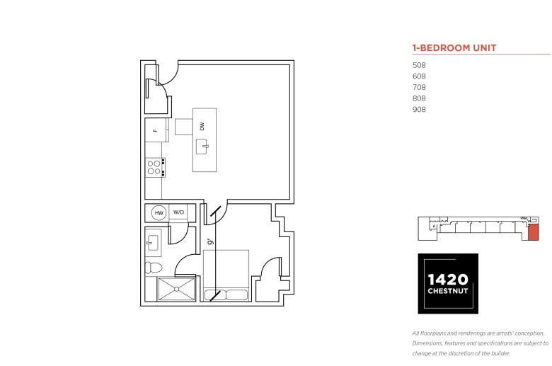 1-bedroom floorplan for 1420 Chestnut Street unit #508