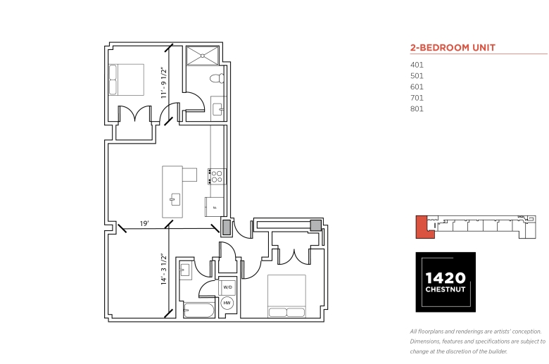 2-bedroom floorplan for 1420 Chestnut Street unit #401