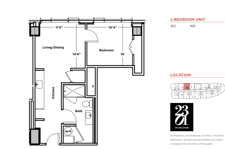 1-bedroom floorplan for units 302 & 402 