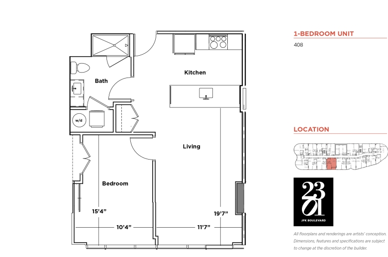 1-bedroom floorplan for units 408