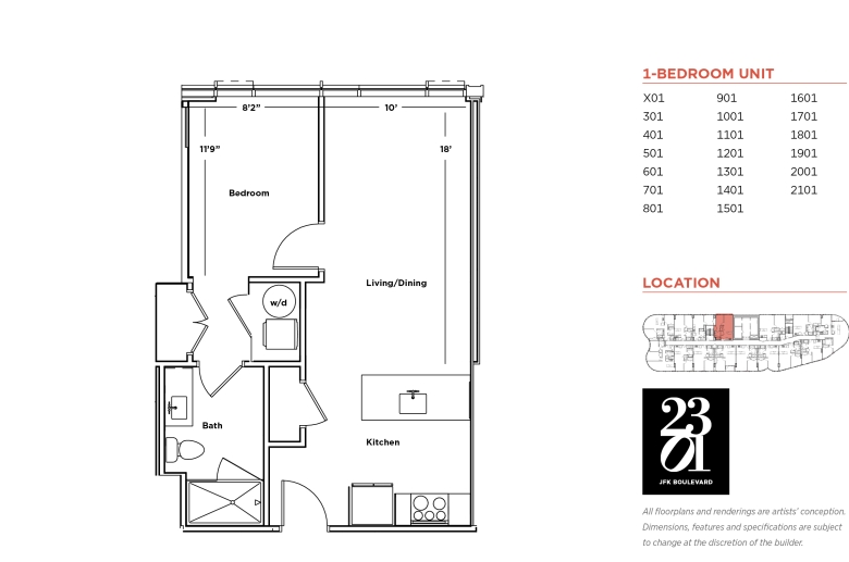 1-bedroom floorplan for units X01