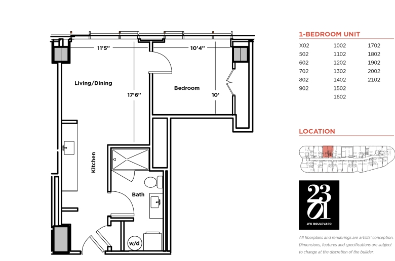 1-bedroom floorplan for units X02