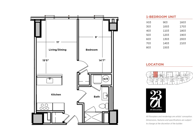 1-bedroom floorplan for units X03