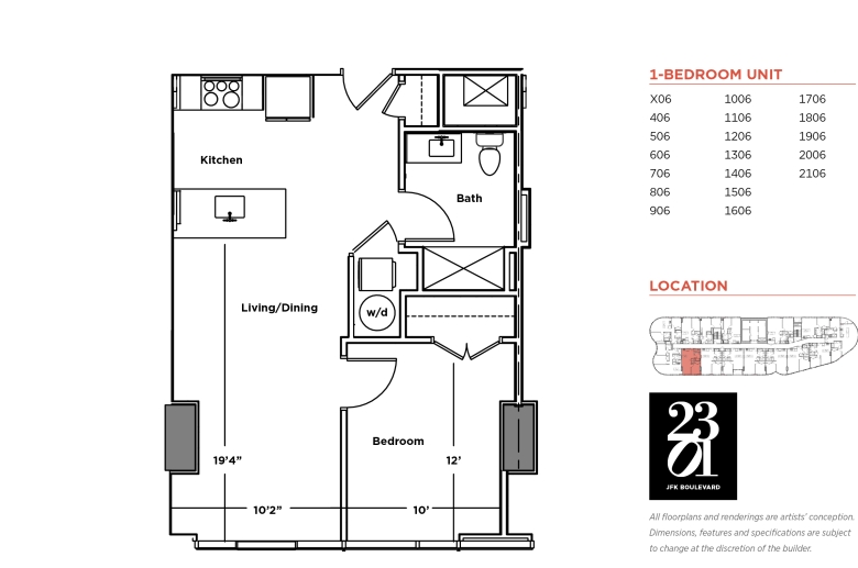 1-bedroom floorplan for units X06