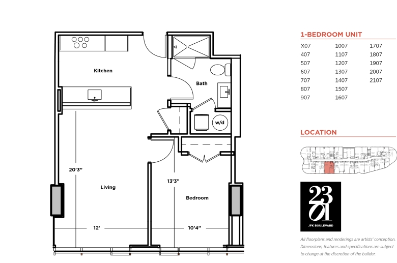 1-bedroom floorplan for units X07