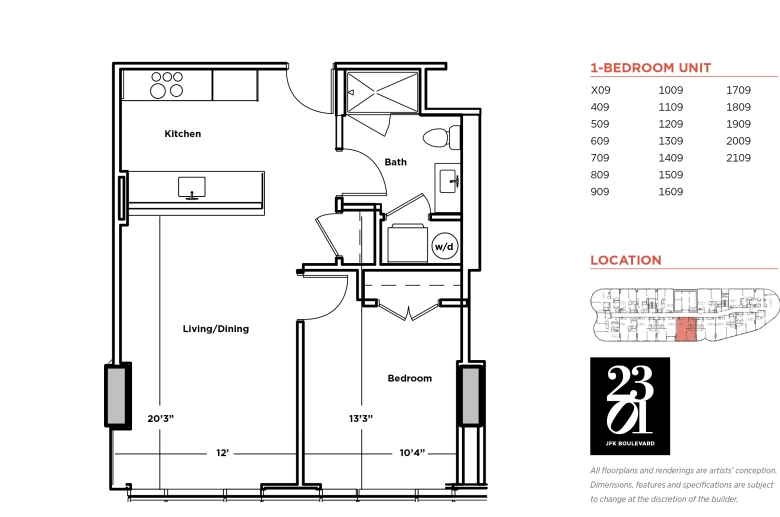 1-bedroom floorplan for units X09