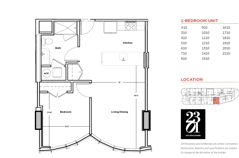 1-bedroom floorplan for units X10