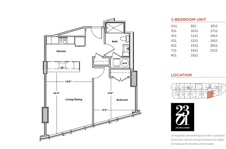 1-bedroom floorplan for units X11