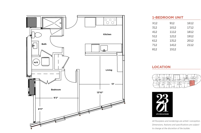 1-bedroom floorplan for units X12