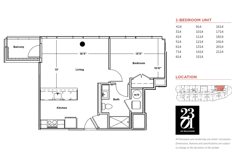 1-bedroom floorplan for units X14