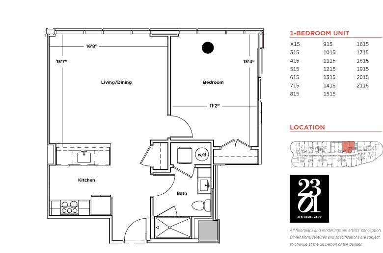 1-bedroom floorplan for units X15