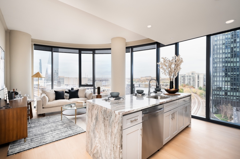 Open concept kitchen with panoramic windows